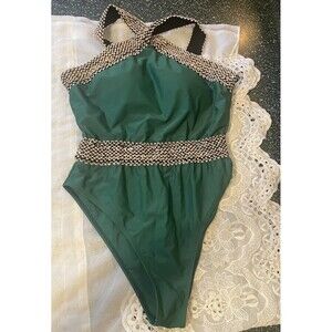 Dark Green And Gold One Piece Slimming Swimsuit  Size XL Crisscross Stretch